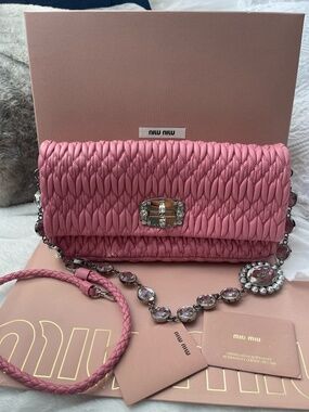 Miu Miu Matelassé Pink Nappa Leather Jeweled Strap